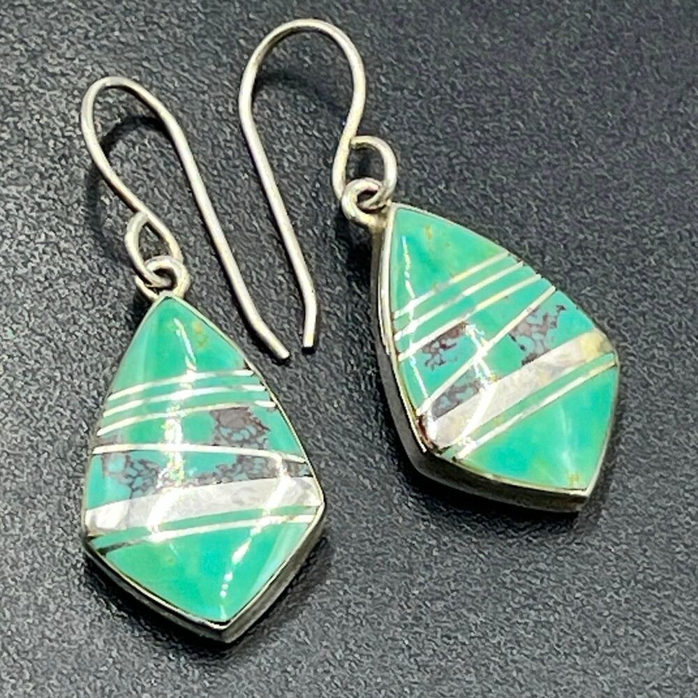 E Webster Vintage Sterling Silver Turquoise Inlay Dangle Earrings‎ USA Signed